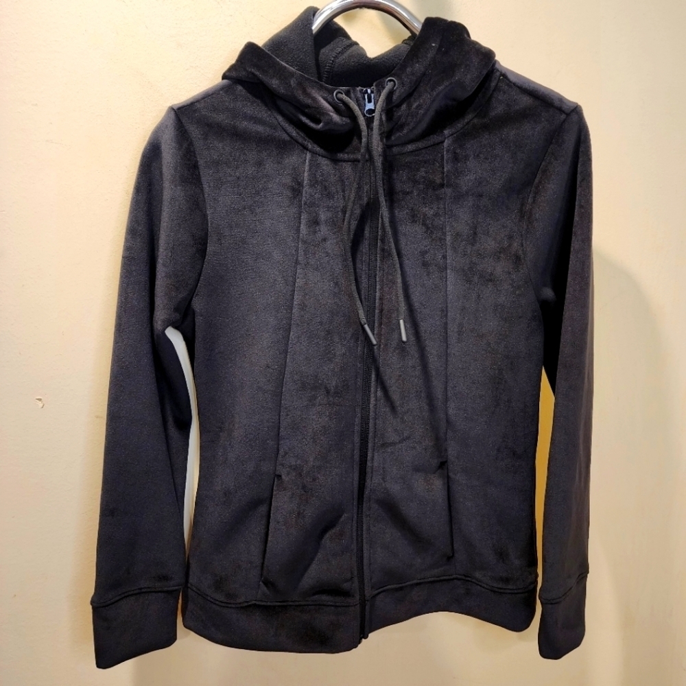 EMELY B Women's Fulm Zip Hooded Black Velvet   Sweatshirt Size M